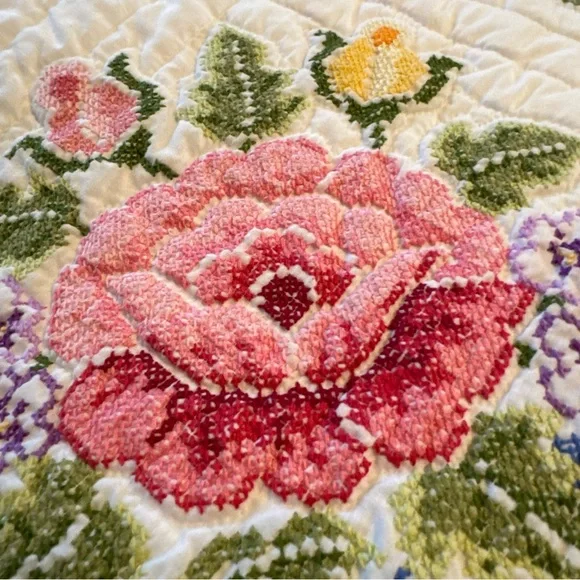 Vintage Quilt Embroidered Handsewn Cross Stitch Bedspread Flowers Ribbons 84x84” - Picture 3 of 13